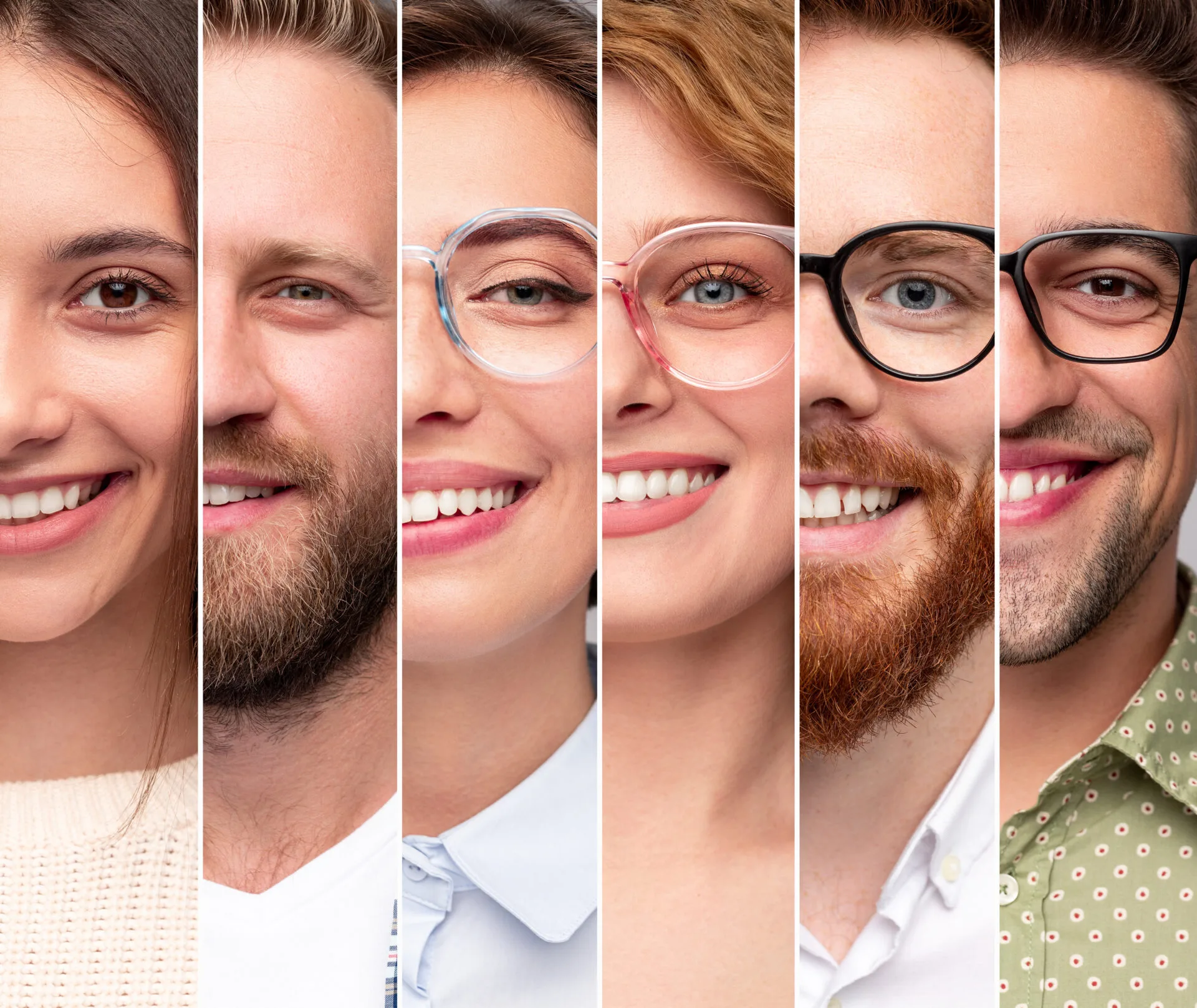 Diferentes formatos de rosto e armações correspondentes, mostrando a harmonia entre a geometria facial e o design dos óculos